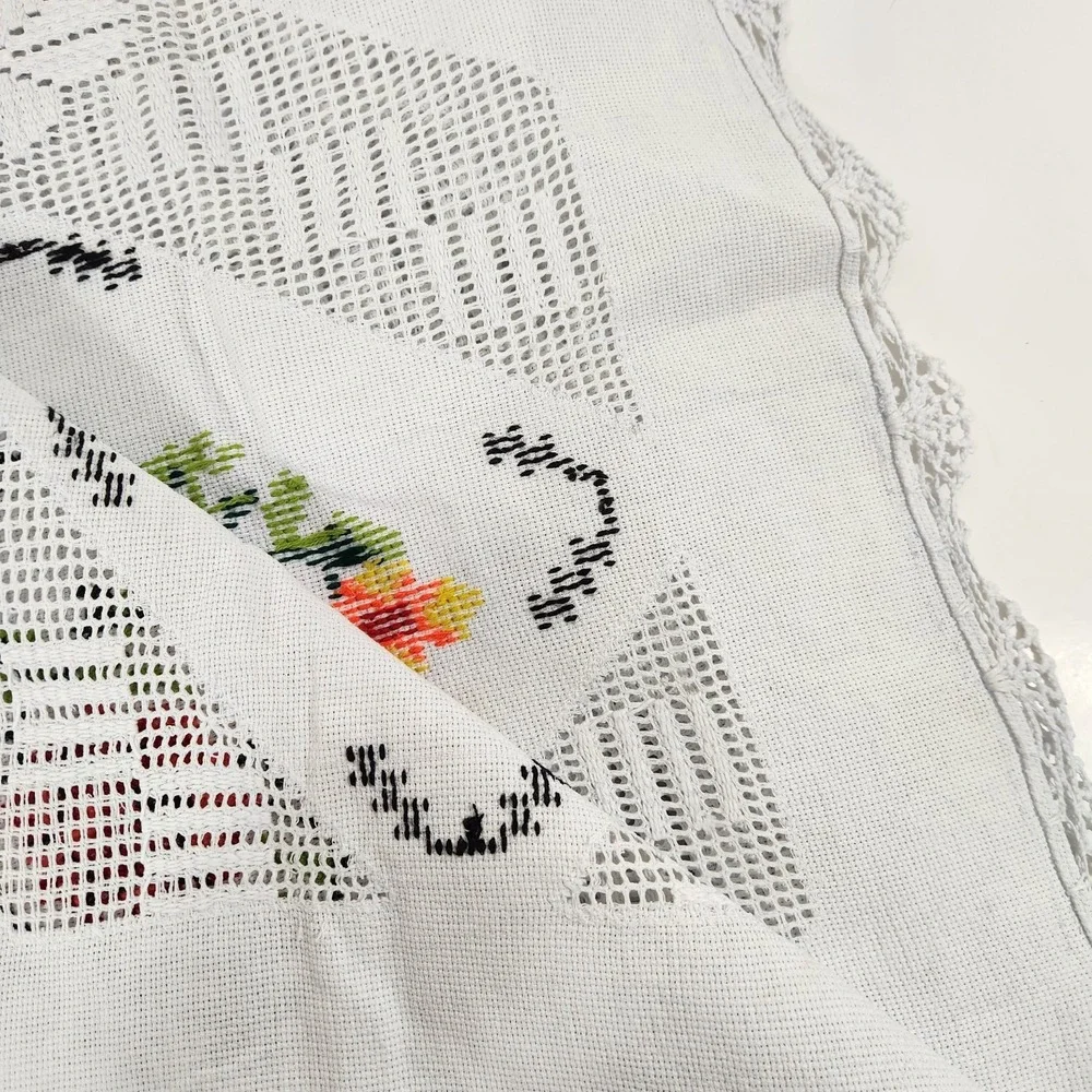 Vintage Embroidered Floral Tablecloth Cross Stitch Openwork Lace Cottagecore